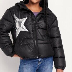 Old Navy Girls Black Puffer Jacket Silver Star
